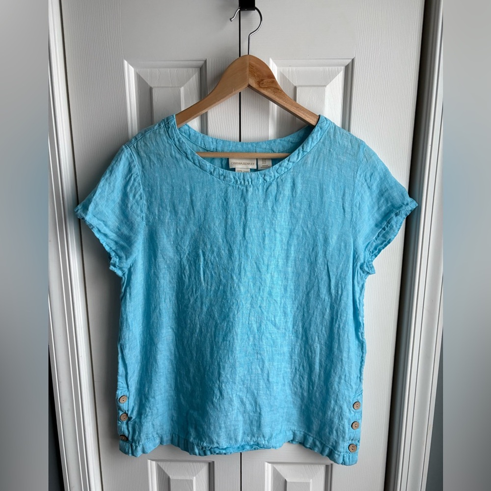 Cynthia Rowley Womens 100% Linen Short Sleeve Turquoise Top Size Medium